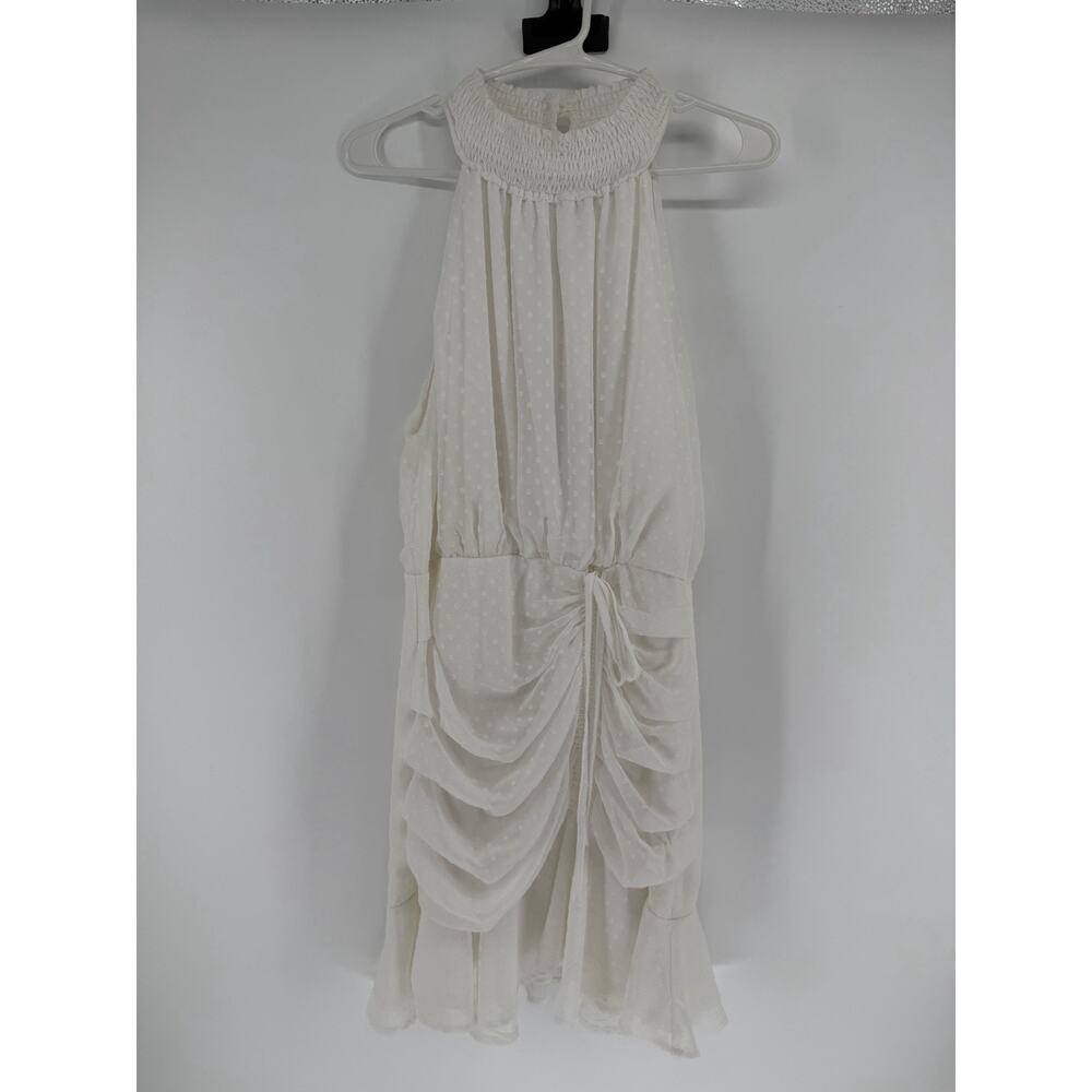 NEW Lena White Sleeveless Halter Neck Mini Dress Polka Dot Cinch Hem Large - Picture 2 of 11